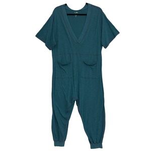 Natural Life Womens Jumpsuit L Charlie Deep VNeck Teal Blue Drop Crotch Jogger